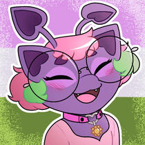 my sona, a purple aisha, a neopet. she has 4 ears, 2 regular catlike ones and 2 longer, antenna-like ears. his hair is a short pink bob with green side pieces, and they also have big round glasses and a pink choker with a sun. they're smiling.